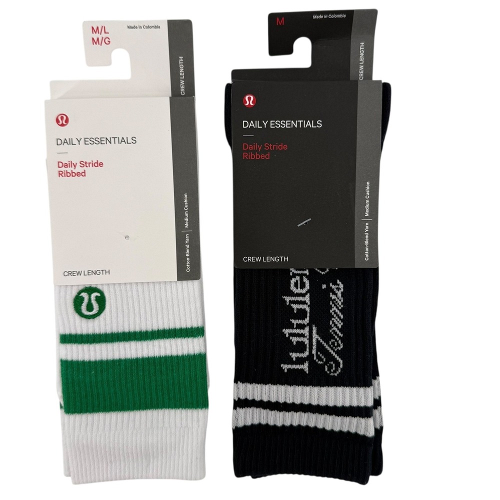Lululemon Daily Essentials‎ Ribbed Crew Socks Tennis Navy White Green Stripes M